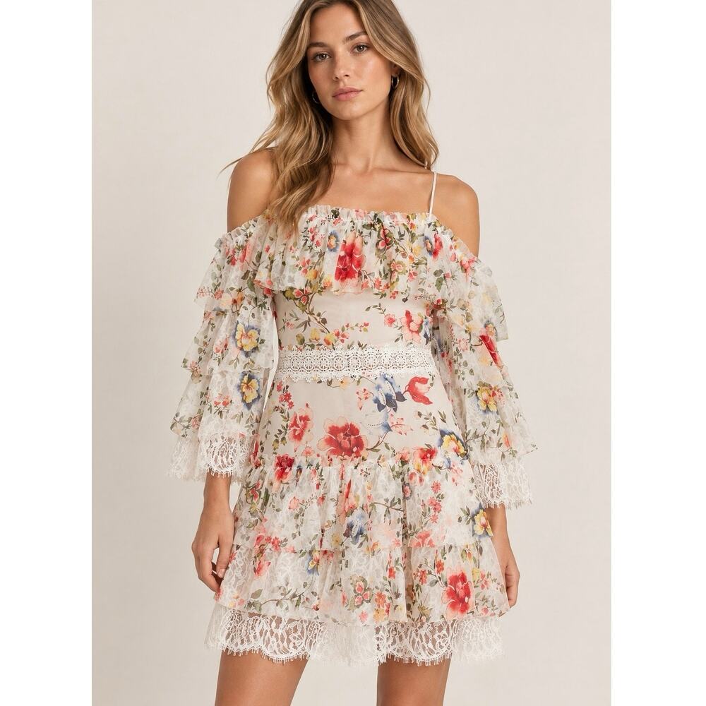 Alice + Olivia Floral Santos Silk size 2 Cold Shoulder Lace Mini Dress